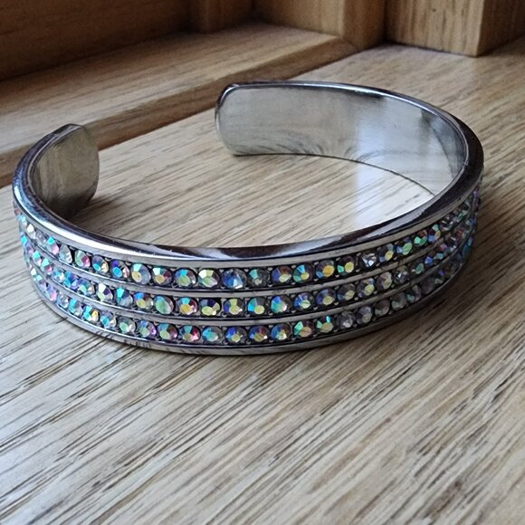 Silvertone Bangle With Three Rows Of Crystals - Picture 7 of 13